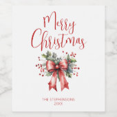 メリーモダンクリスマススクリプトレッドボウホリー ワインラベル (シングルラベル)