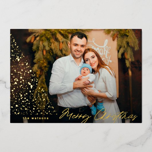 メリーモダンクリスマスツリーカスタム写真 箔シーズンカード (正面)