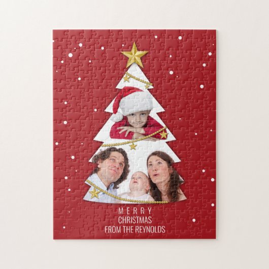 メリーモダンクリスマスツリー写真コラージュ赤 ジグソーパズル (縦)