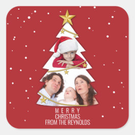 メリーモダンクリスマスツリー写真コラージュ赤 スクエアシール