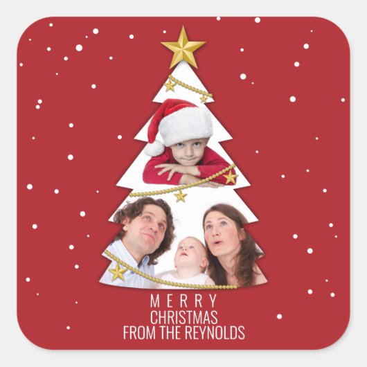 メリーモダンクリスマスツリー写真コラージュ赤 スクエアシール (正面)