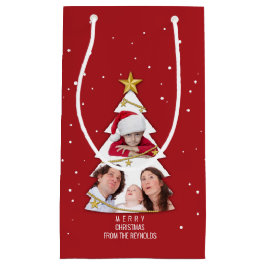 メリーモダンクリスマスツリー写真コラージュ赤 スモールペーパーバッグ