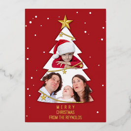 メリーモダンクリスマスツリー写真コラージュ赤 箔シーズンカード