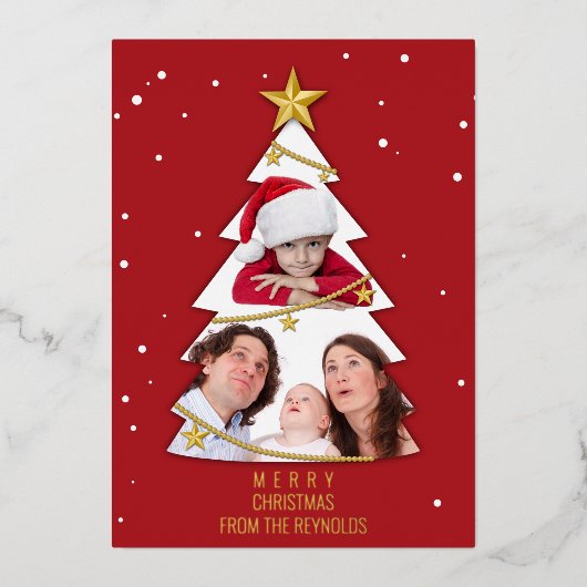 メリーモダンクリスマスツリー写真コラージュ赤 箔シーズンカード (正面)