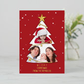 メリーモダンクリスマスツリー写真コラージュ赤 箔シーズンカード (立ち正面)