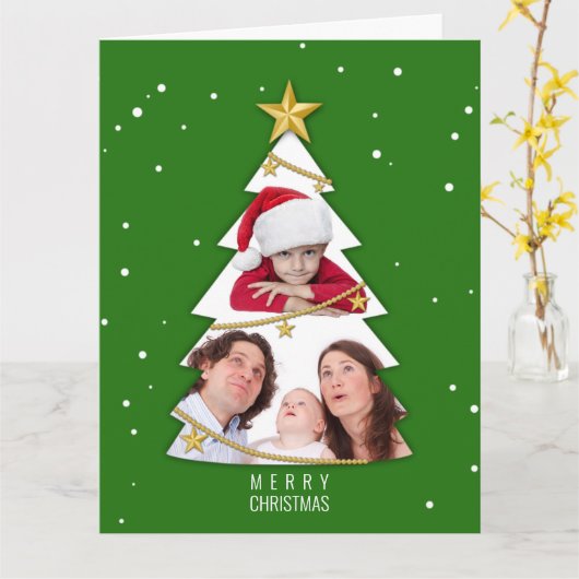 メリーモダンクリスマスツリー写真コラージンググリーン カード (黄色い花)