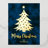 メリーモダンクリスマスツリー名前をカスタムするブルー金ゴールド 箔シーズンポストカード (正面)