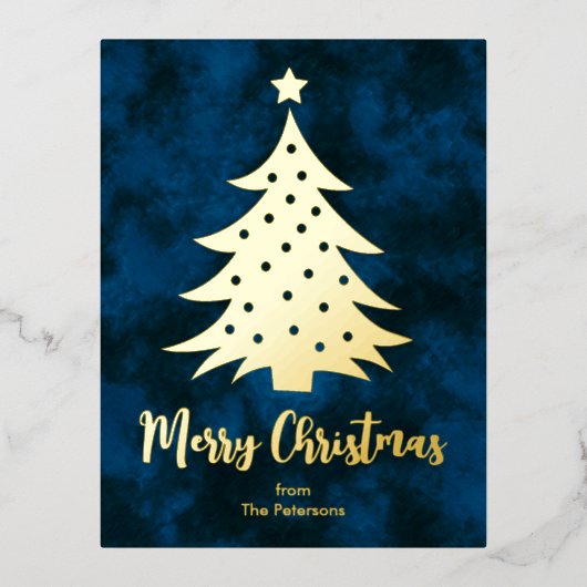 メリーモダンクリスマスツリー名前をカスタムするブルー金ゴールド 箔シーズンポストカード (正面)