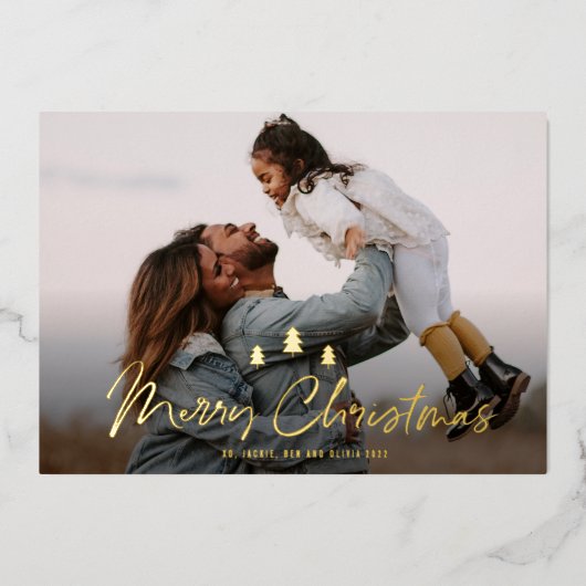 メリーモダンクリスマスツリーTrio 2写真金ゴールド 箔シーズンカード (正面)