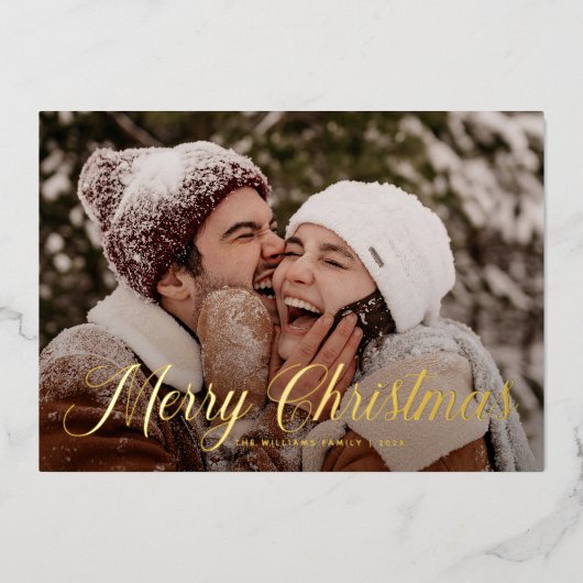 メリーモダンクリスマストレンディー一枚写真家族 箔シーズンカード (正面)