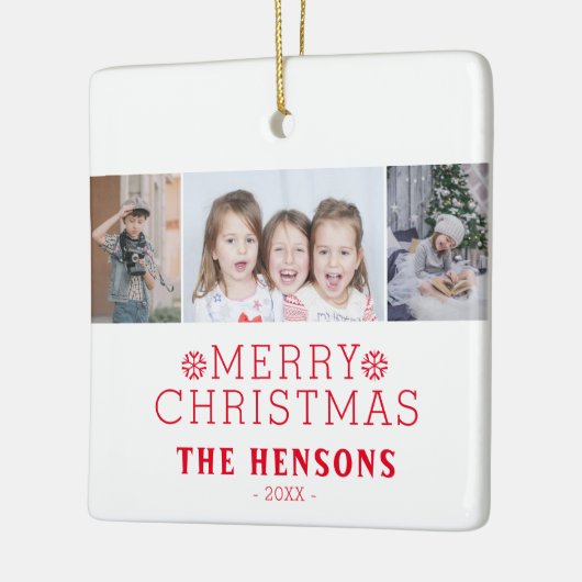 メリーモダンクリスマスファミリー3フォトコラージュ セラミックオーナメント (左)