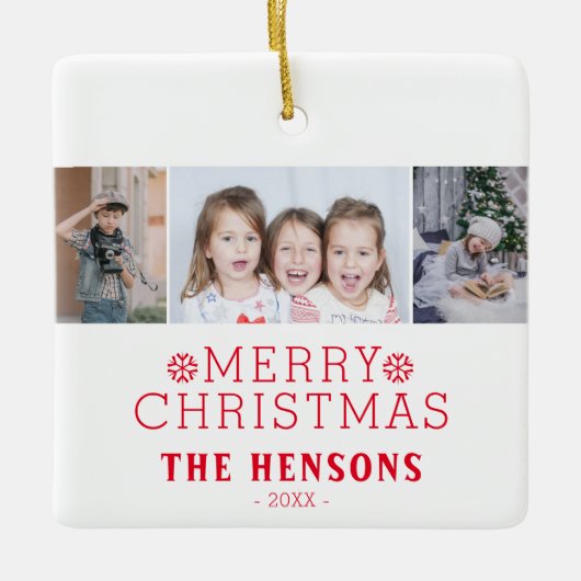 メリーモダンクリスマスファミリー3フォトコラージュ セラミックオーナメント (正面)