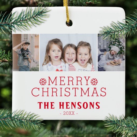 メリーモダンクリスマスファミリー3フォトコラージュ セラミックオーナメント