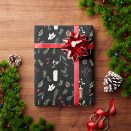 メリーモダンクリスマスブラックレッドベリー植物学 ラッピングペーパー