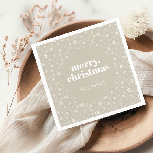 メリーモダンクリスマスベージュ雪片パターン スタンダードカクテルナプキン