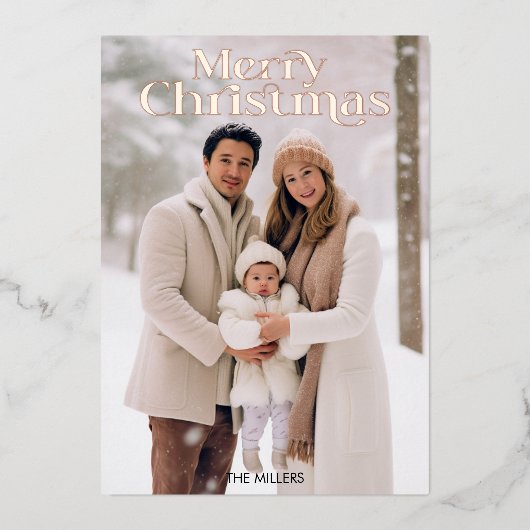 メリーモダンクリスマスミニマル1写真ベージュ 箔シーズンカード (正面)