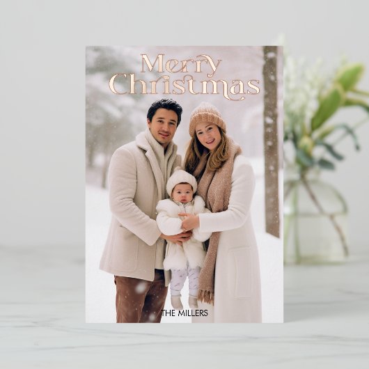 メリーモダンクリスマスミニマル1写真ベージュ 箔シーズンカード (立ち正面)