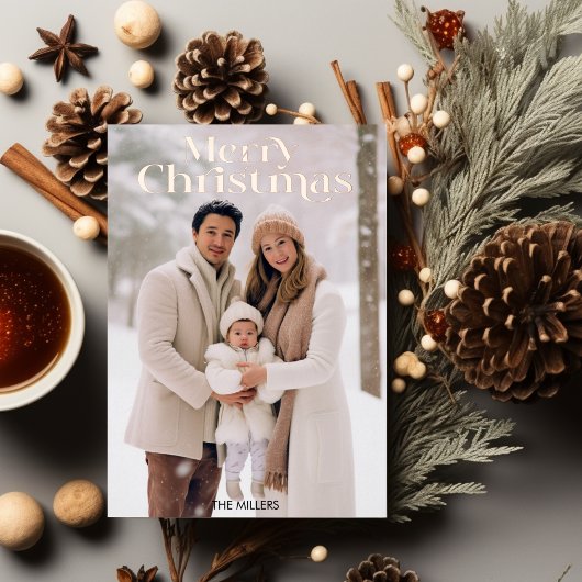 メリーモダンクリスマスミニマル1写真ベージュ 箔シーズンポストカード