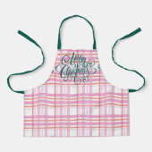 メリーモダンクリスマスレタリングピンクホワイトプレイド エプロン (正面)