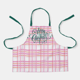 メリーモダンクリスマスレタリングピンクホワイトプレイド エプロン