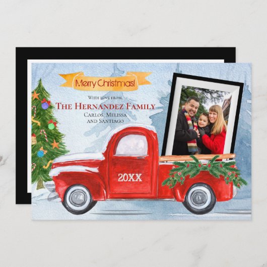 メリーモダンクリスマスヴィンテージレッドトラックの写真 シーズンカード (正面/裏面)