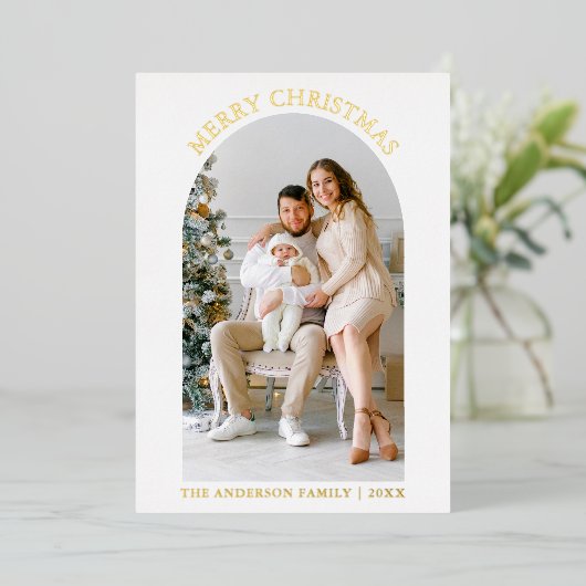 メリーモダンクリスマス写真アーチ金ゴールド 箔シーズンカード (立ち正面)
