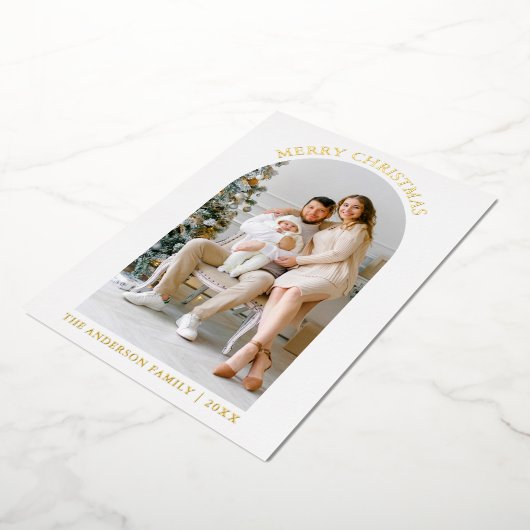 メリーモダンクリスマス写真アーチ金ゴールド 箔シーズンカード (回転した状態)