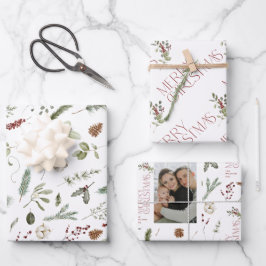 メリーモダンクリスマス写真グリーナリーホリデー ラッピングペーパーシート