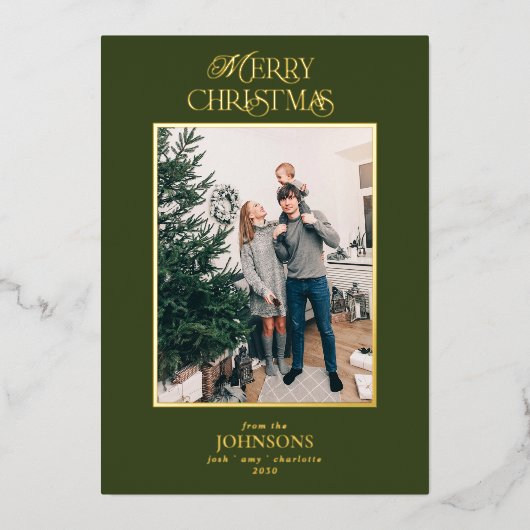 メリーモダンクリスマス写真グリーン金ゴールド 箔シーズンカード (正面)