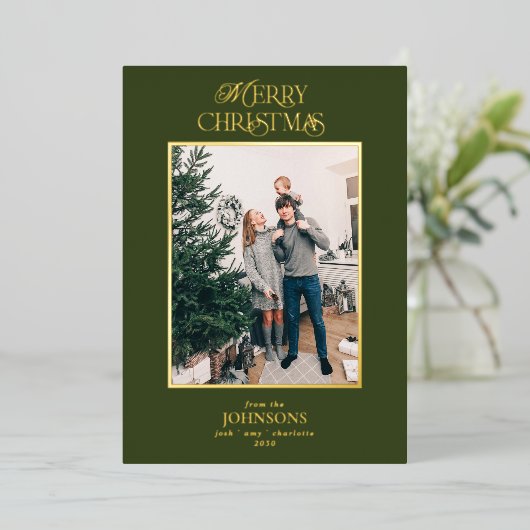 メリーモダンクリスマス写真グリーン金ゴールド 箔シーズンカード (立ち正面)
