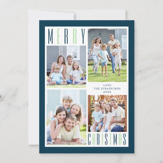 メリーモダンクリスマス写真コラージブルーグリーン シーズンカード (正面)
