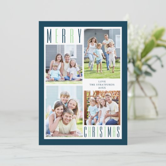 メリーモダンクリスマス写真コラージブルーグリーン シーズンカード (スタンド正面)