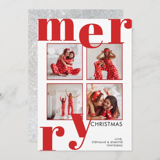 メリーモダンクリスマス写真コラージュ赤 シーズンカード (正面/裏面)