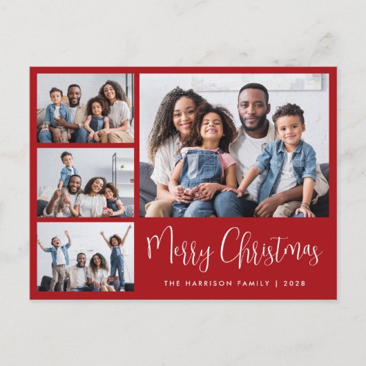 メリーモダンクリスマス写真コラージュ赤 シーズンポストカード (正面)