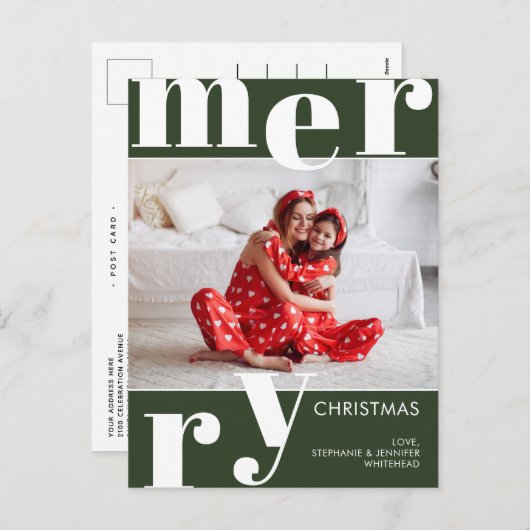 メリーモダンクリスマス写真フォレストグリーン シーズンポストカード (正面/裏面)