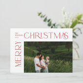 メリーモダンクリスマス写真赤タイポグラフィ シーズンカード (スタンド正面)