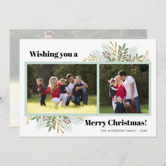 メリーモダンクリスマス冬の緑3枚の写真 シーズンカード (正面/裏面)