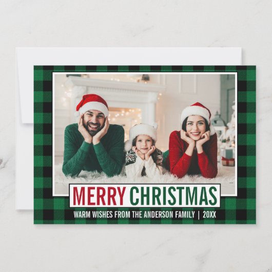 メリーモダンクリスマス家族の写真グリーンプレイド シーズンカード (正面)