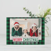 メリーモダンクリスマス家族の写真グリーンプレイド シーズンカード (スタンド正面)