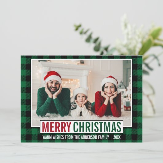 メリーモダンクリスマス家族の写真グリーンプレイド シーズンカード (スタンド正面)
