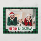 メリーモダンクリスマス家族の写真グリーンプレイド ポストカード (正面)