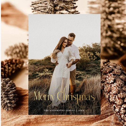 メリーモダンクリスマス家族の写真プレイドタータンチェック 箔シーズンカード