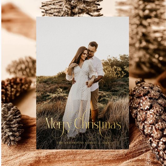 メリーモダンクリスマス家族の写真プレイドタータンチェック 箔シーズンカード