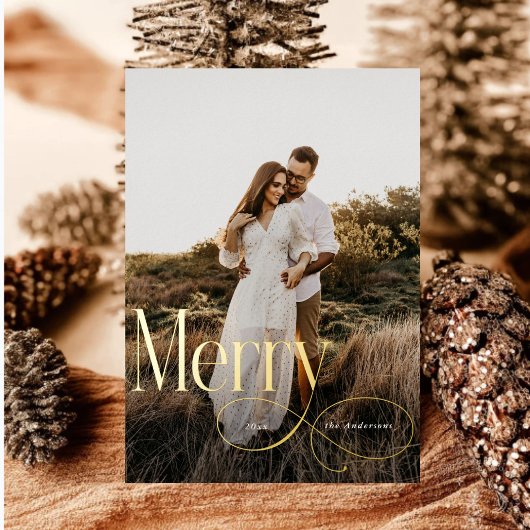 メリーモダンクリスマス家族の写真プレイドタータンチェック 箔シーズンカード
