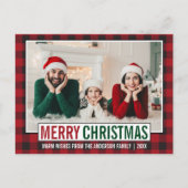 メリーモダンクリスマス家族の写真レッドプレイド ポストカード (正面)