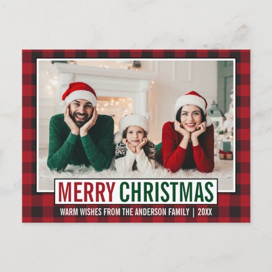 メリーモダンクリスマス家族の写真レッドプレイド ポストカード (正面)