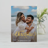 メリーモダンクリスマス家族の写真名のストライプ 箔シーズンカード (立ち正面)