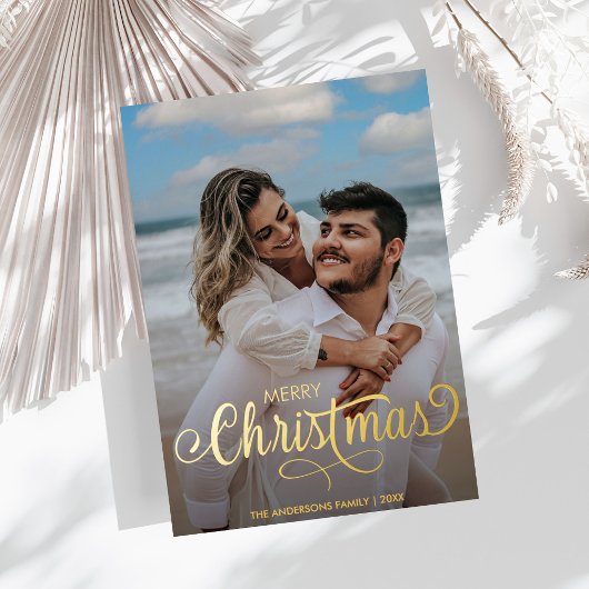 メリーモダンクリスマス家族の写真名ストライプF 箔シーズンカード