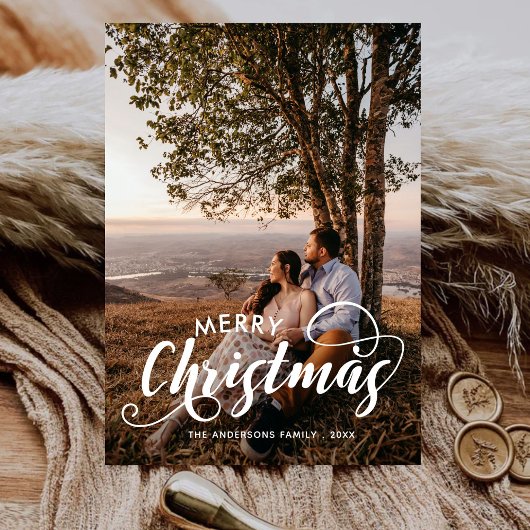 メリーモダンクリスマス家族の写真名タータンチェックホ シーズンカード