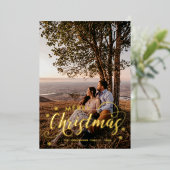 メリーモダンクリスマス家族の写真名タータンチェックホ 箔シーズンカード (立ち正面)